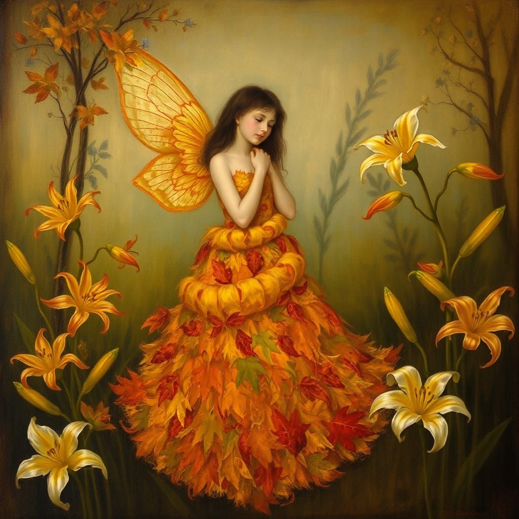 Dreaming Fairy Among Lilies in Symbolic Style