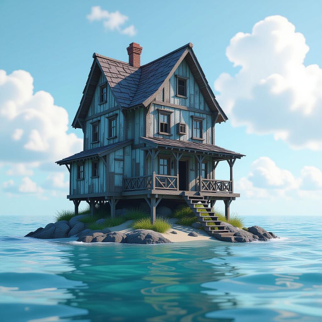 Rickety Old House on Desolate Island in Ocean