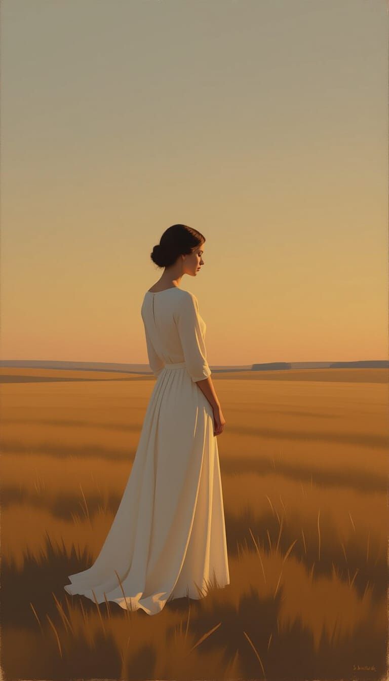 Solitary Woman in Golden Hour Light on Empty Plain