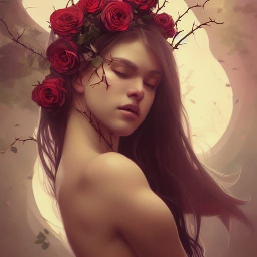 Winged Woman Portrait with Roses in Hyperdetailed Art