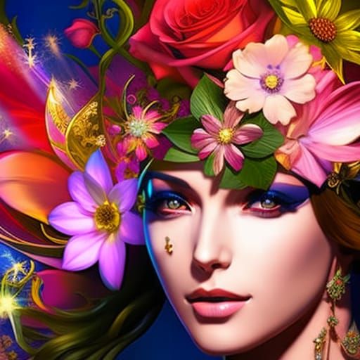 Majestic Flower Collage Portrait in Hyperdetailed Style