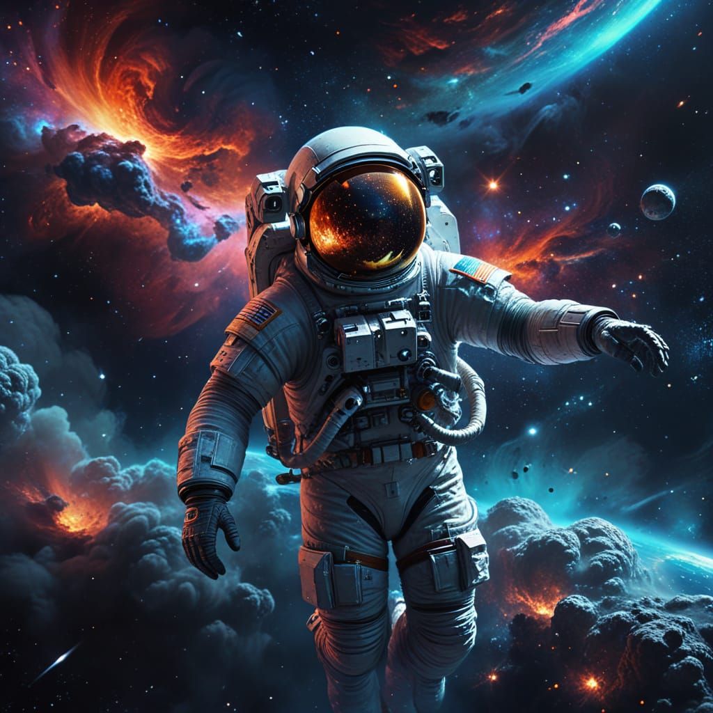 Surreal Astronaut Surrounded by Vibrant Cosmic Dust