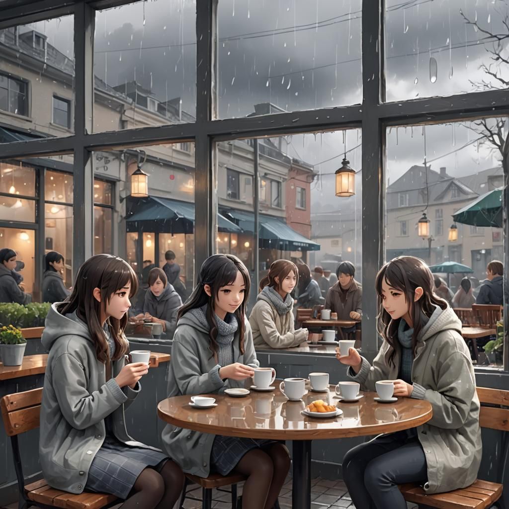Cozy Cafe Gathering on Rainy Day: Anime Style