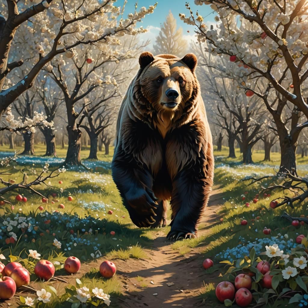Grizzly Bear in Apple Orchard: Digital Matte Painting