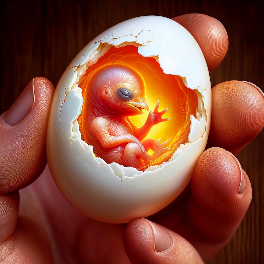 Realistic Oil Painting: Unborn Chick in Egg