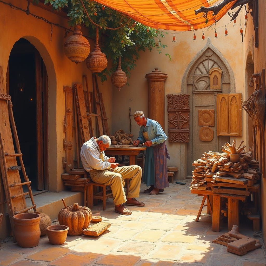 Moroccan Artisans Crafting Woodwork in Realistic Oil Style