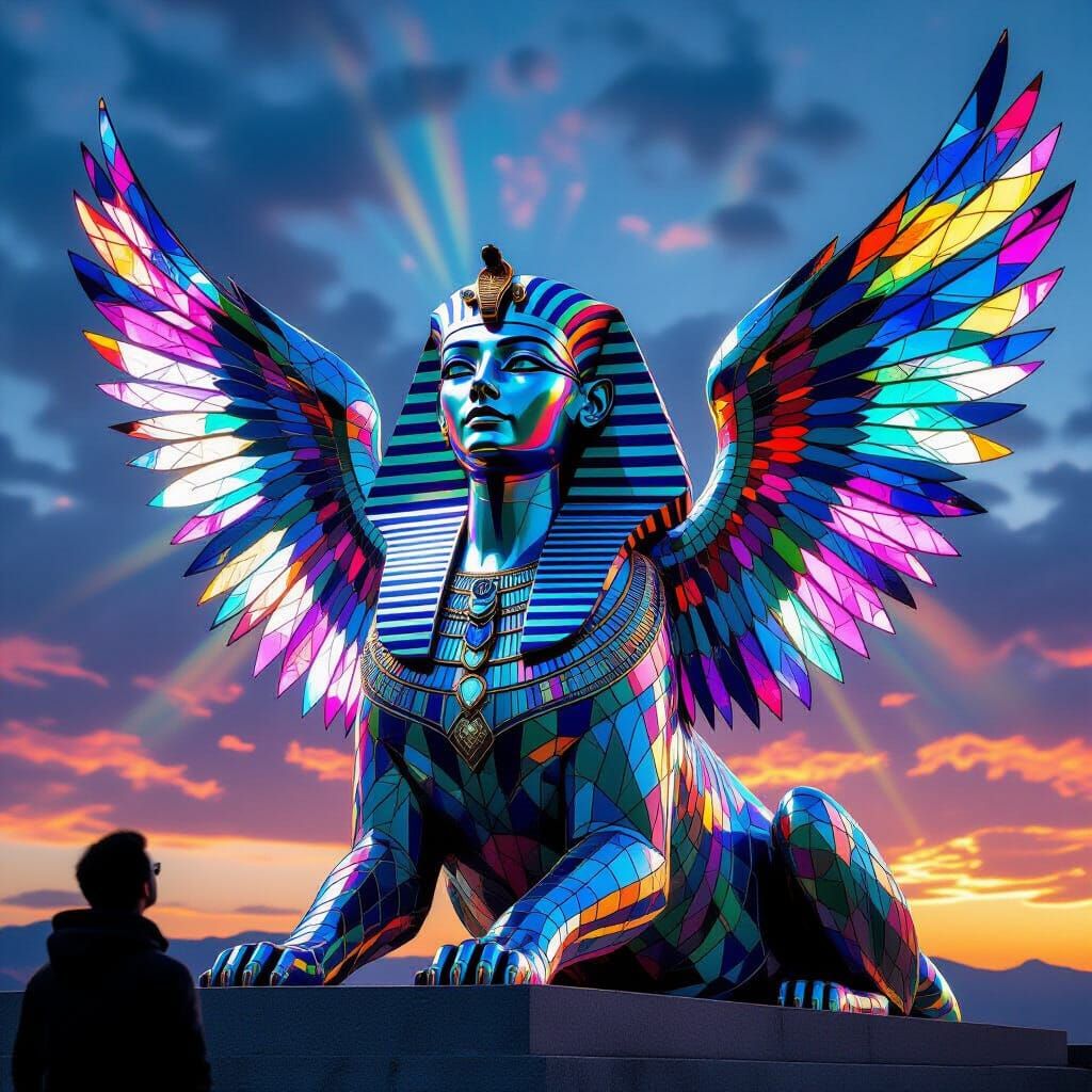 Majestic Sphinx with Shifting Stained-Glass Skin and Kaleido...