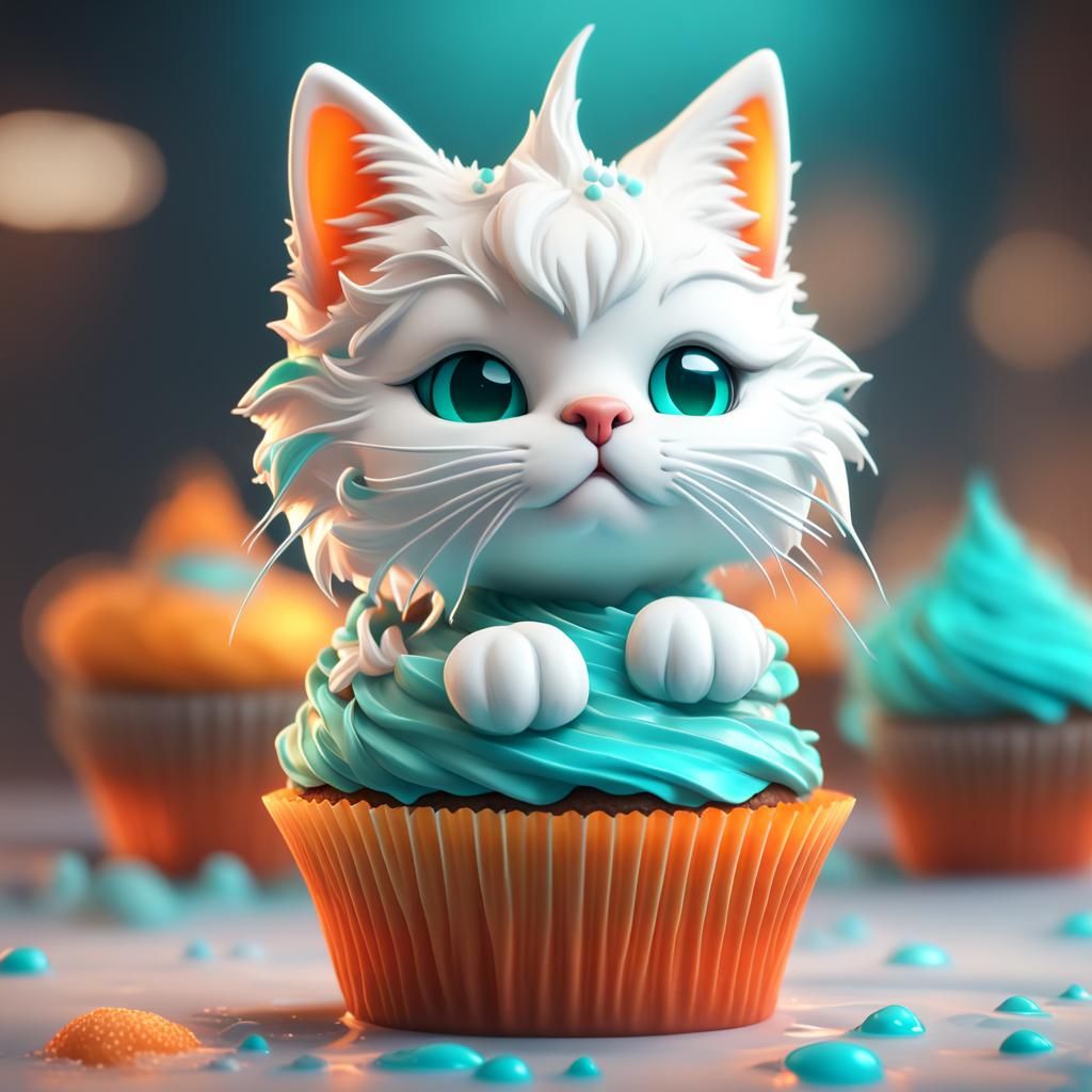 Cute White Cat Cupcake Concept Art