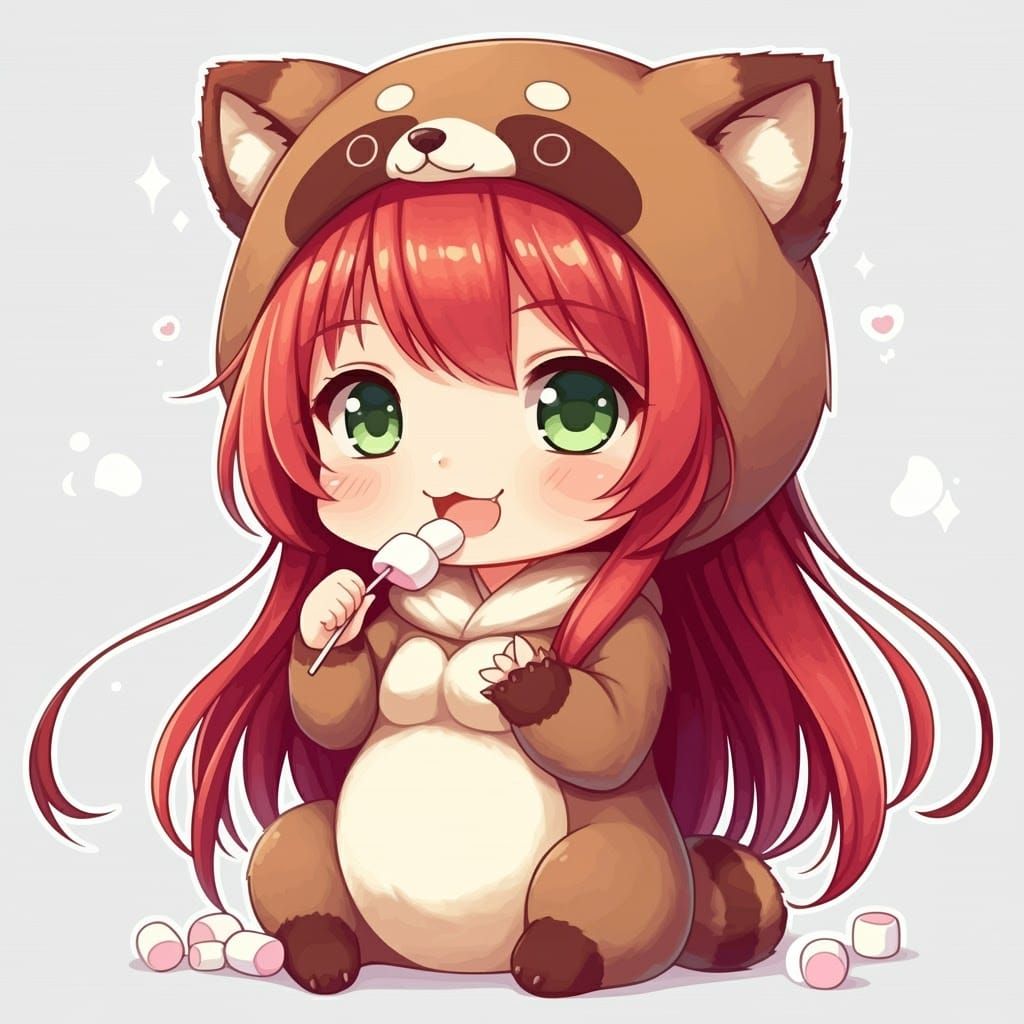 Chibi Girl in Tanuki Costume Devouring Marshmallows