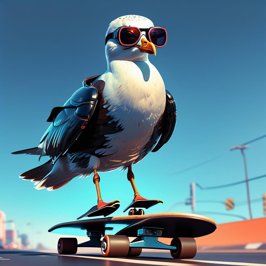 Retro-Futuristic Seagull Rides Skateboard in Neon Cityscape