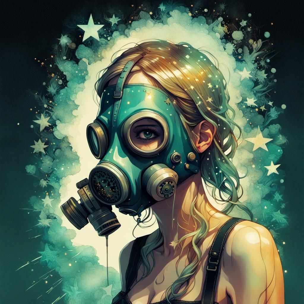Surreal Gasmask Girl in Double Exposure Collage
