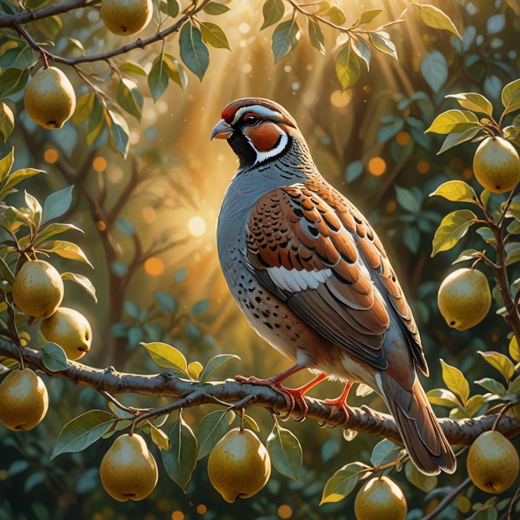 Partridge on Pear Tree Branch: Realistic Painting