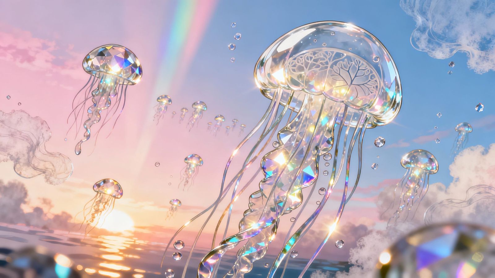 Glass Jellyfish Floating Through Pastel Sky