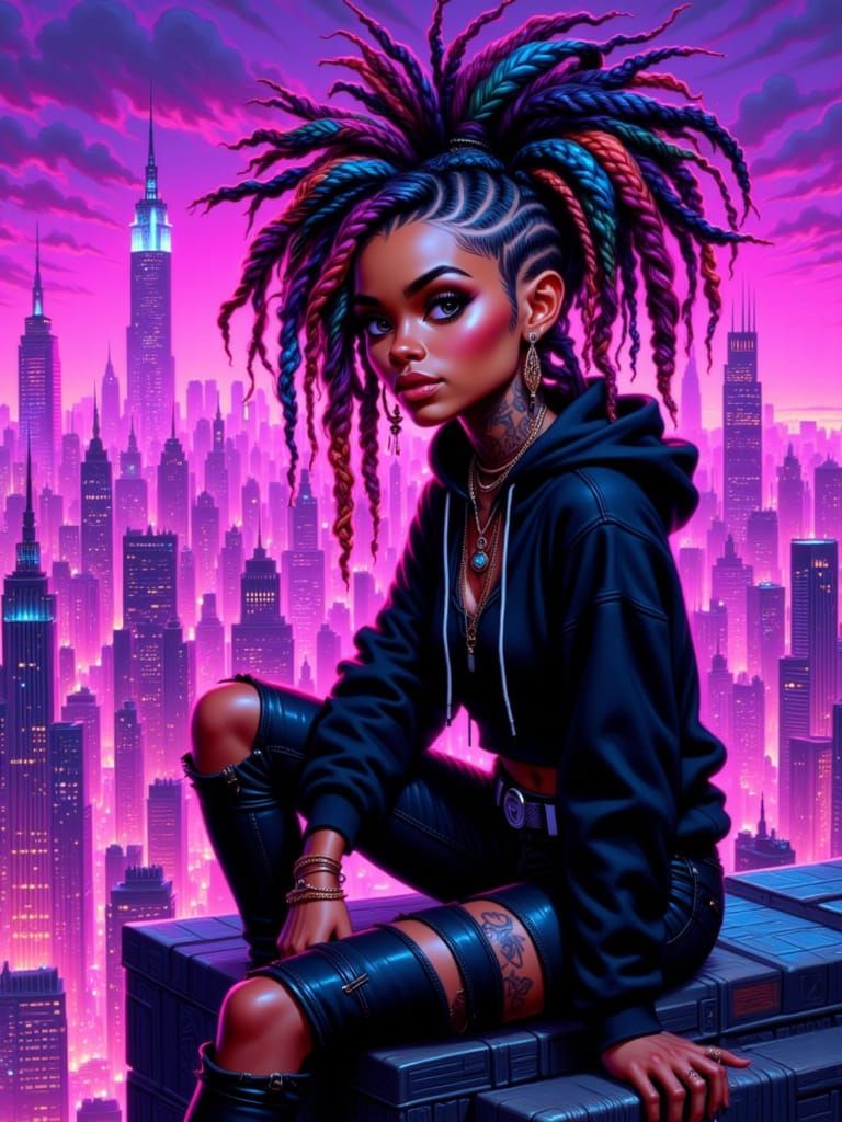 Bratz-Styled Woman with Colorful Dreads Over Neon Cityscape