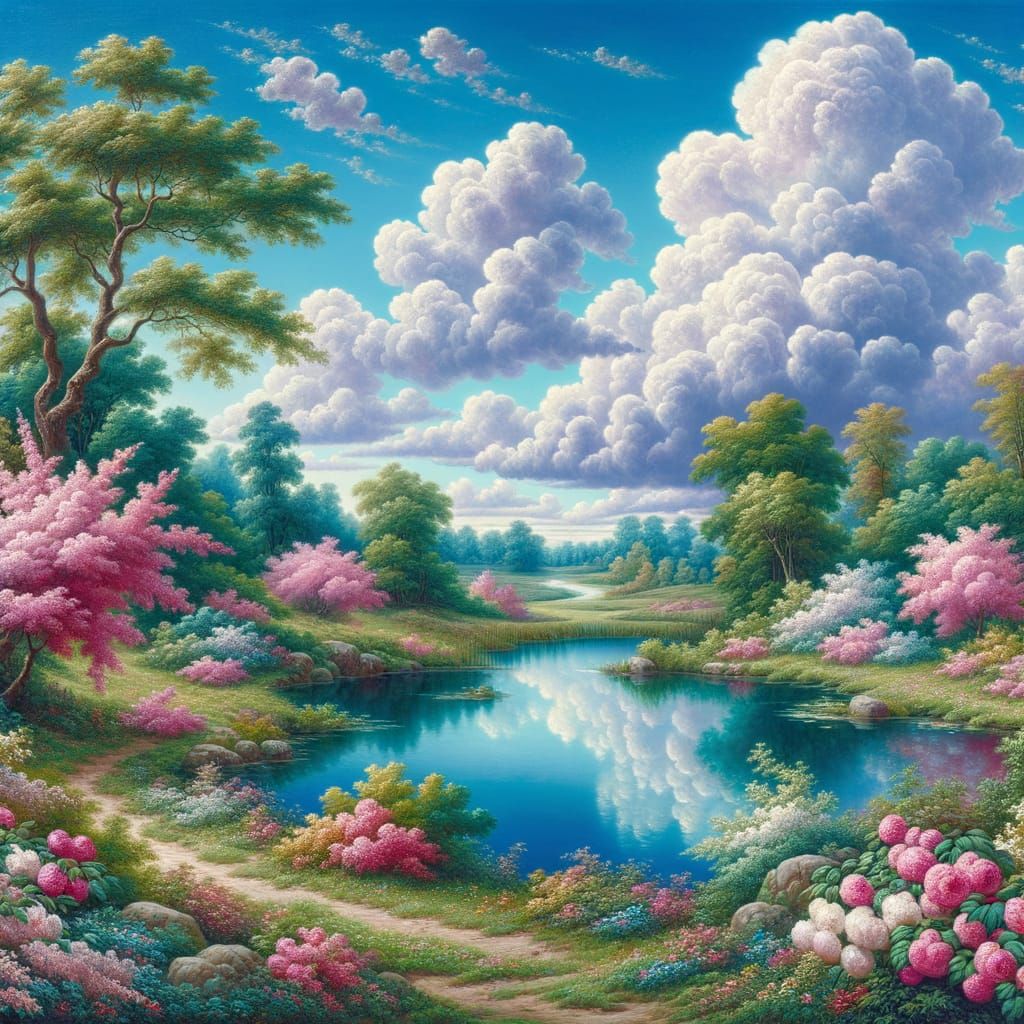 Romantic Era Oil Painting of Cherry Blossoms and Pond