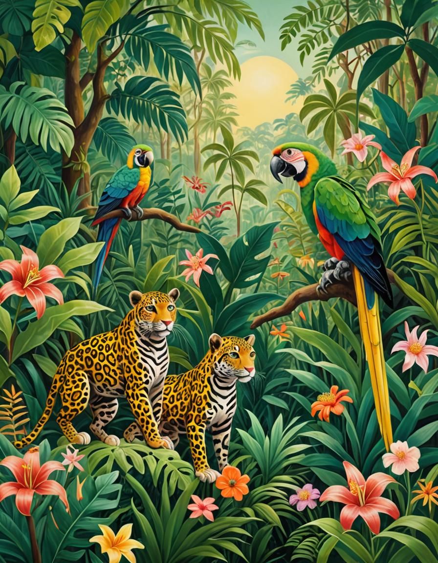 Vibrant Jungle Scene with Playful Animals, Rousseau Style