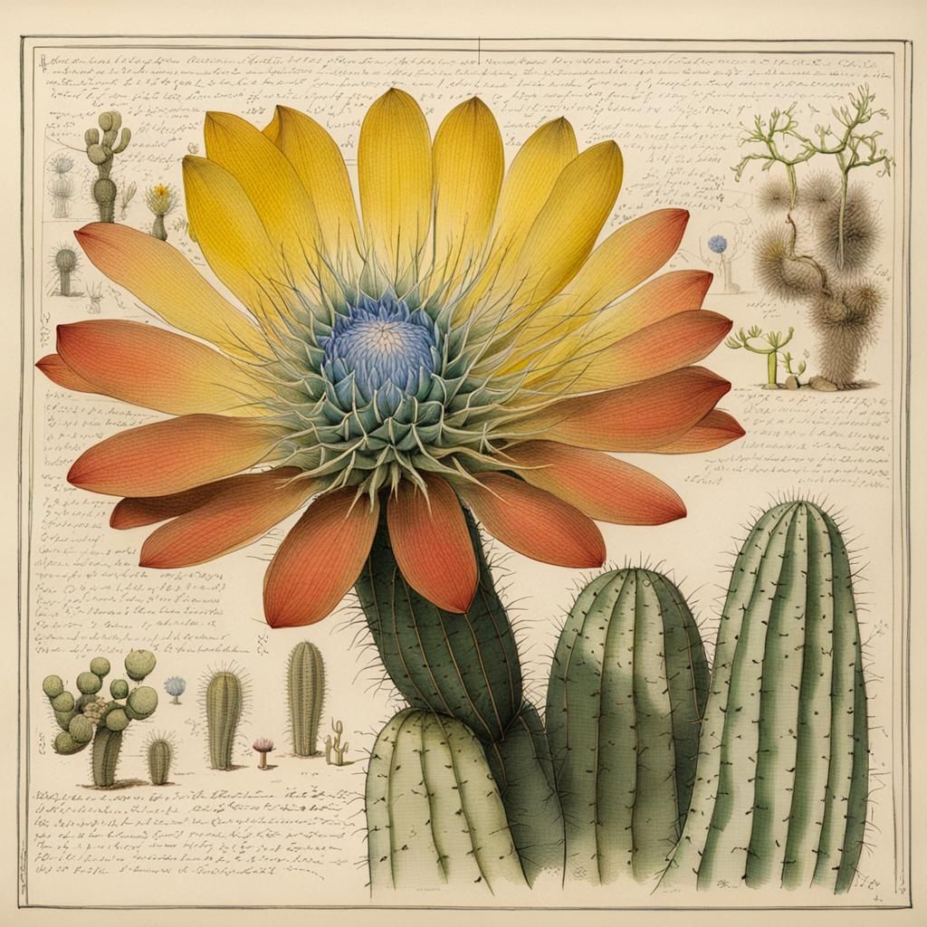 Botanical Ink Drawing: Flower Emerges from Cactus