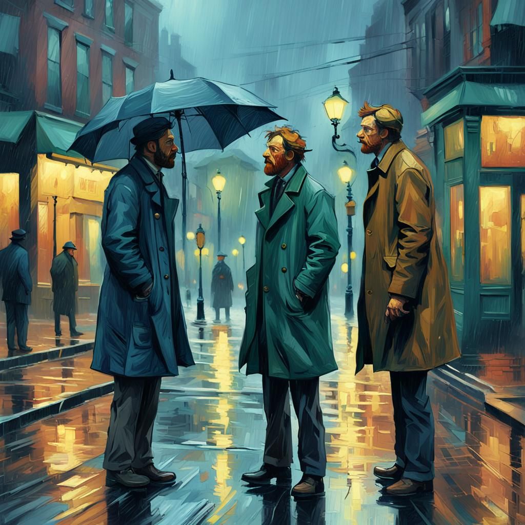 Intense Argument on Rainy Street, Van Gogh Style