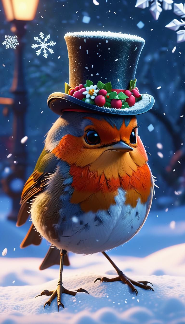 Cute Robin in Winter Attire, Snowflakes in Enchanting Garden