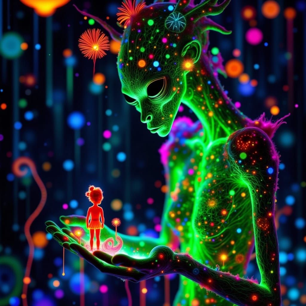 Alien Explorer with Bioluminescent Fungus in Spaceship