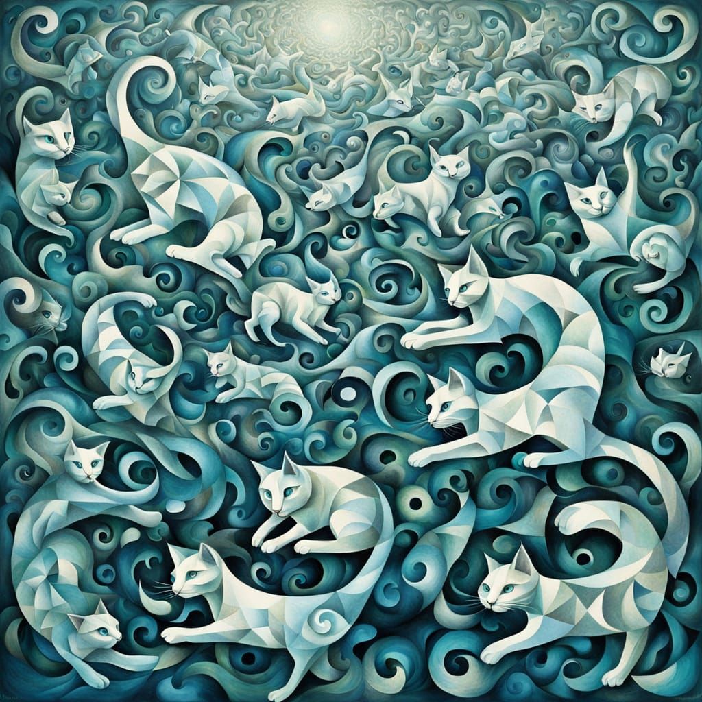 Dreamlike Scene of Tessellating Cats in Mesmerizing Dance