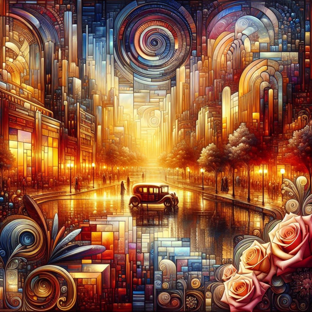 Deco Roses and Amber Hues in Grand Panoramic Vista