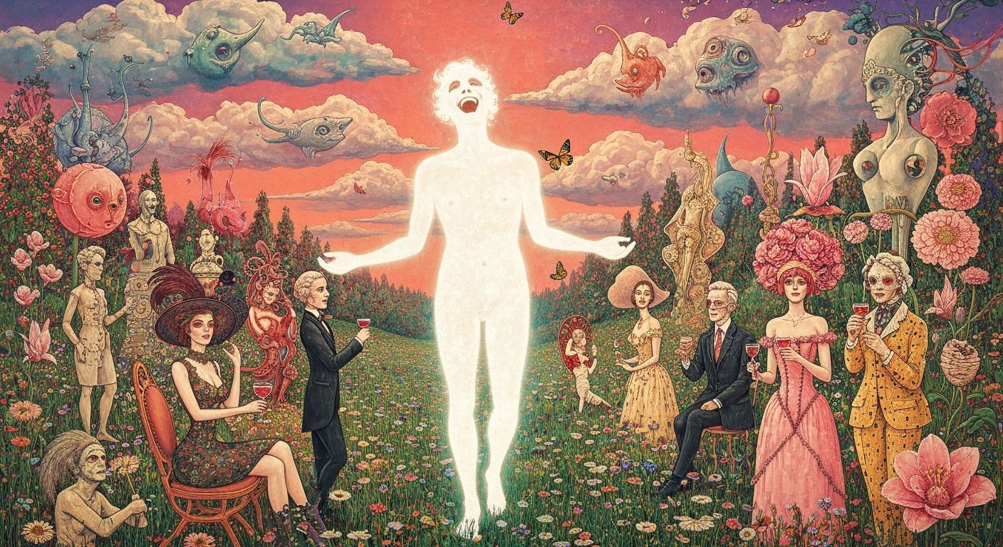 Ethereal Light Figure in Dreamlike Pulp Fiction Landscape