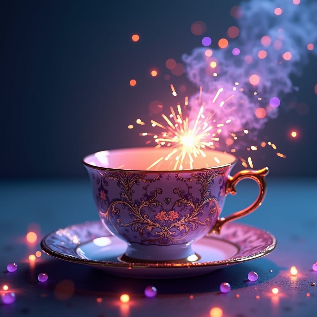 Ornate Ceramic Tea Cup with Sparklers in Photorealistic Styl...