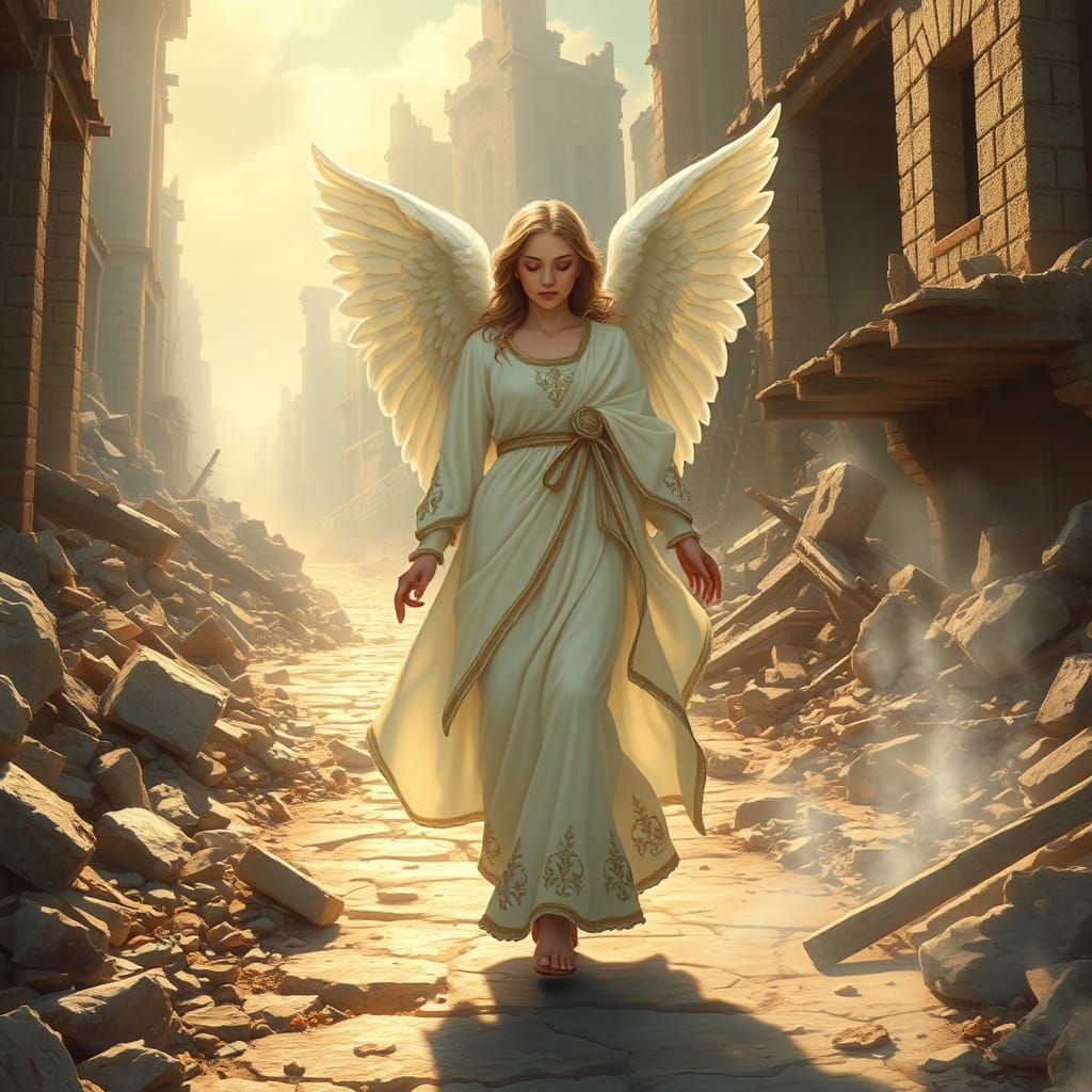 Angel of Peace Walks Through Ruined Town