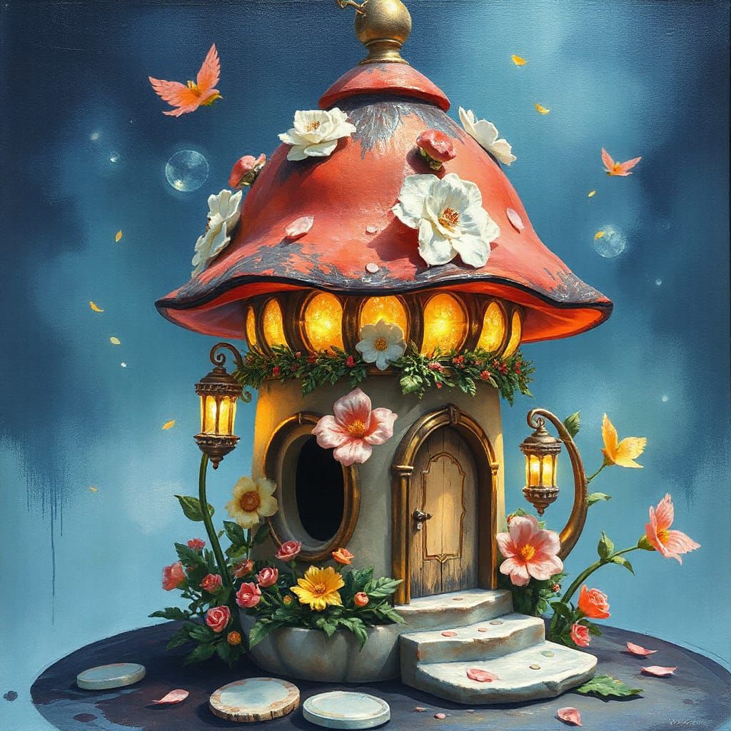 Fantasy Birdhouse Castle in Anime Impasto Style