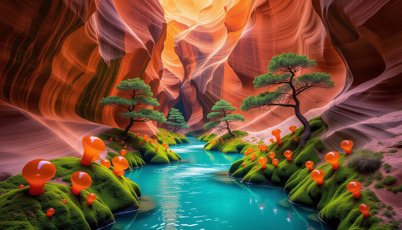 Antelope Canyon with Moss, Blue River, and Glass Helix Flowe...