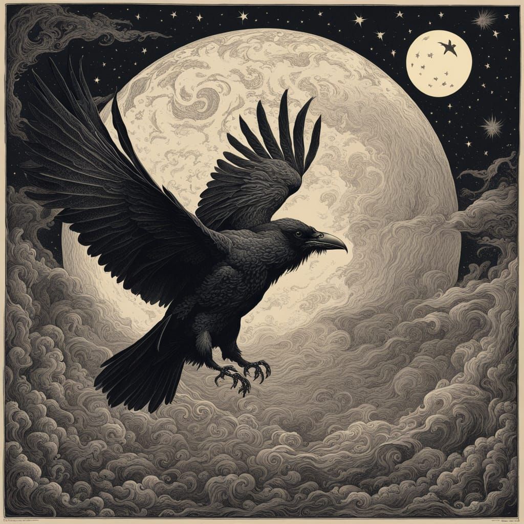 Raven Soaring in Starry Night, Doré Engraving