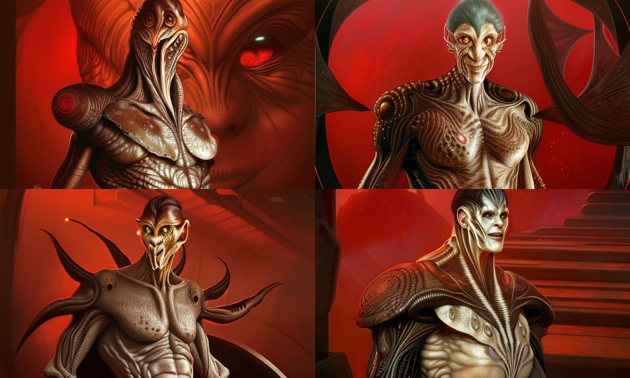 Andreas Katsulas as Alien species male, humanoid with patterns of brown spots on skin, red eyes, narn from babylon 5, 8k...