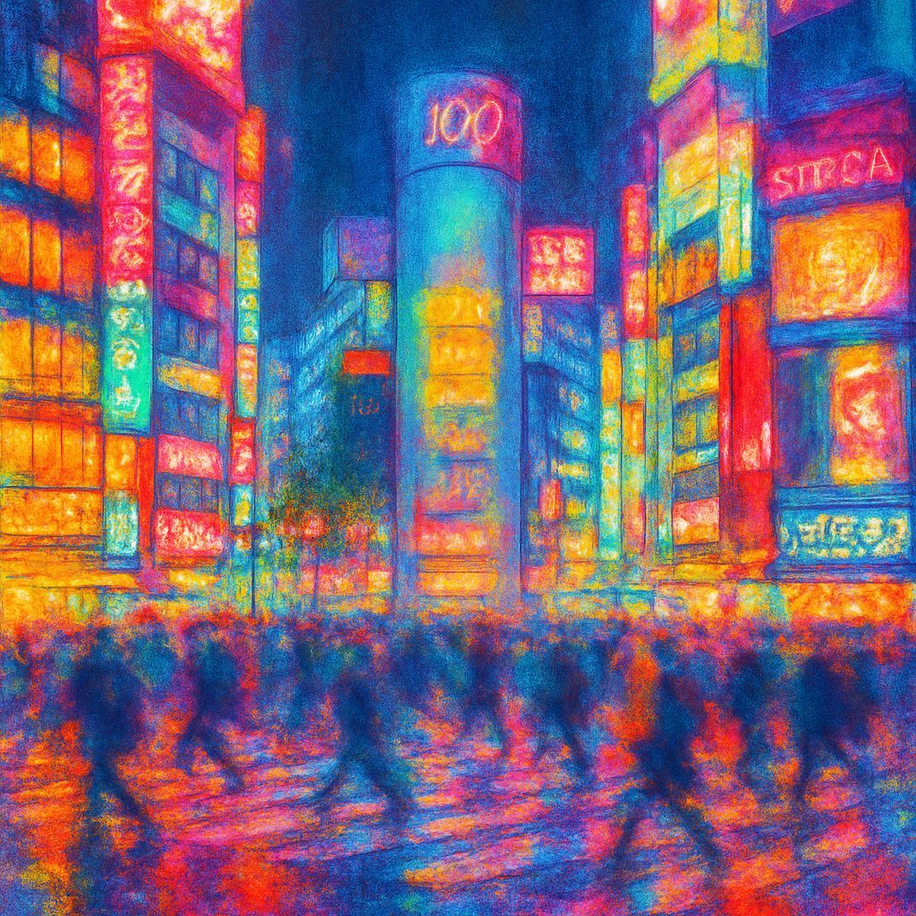 Neon-lit Shibuya Crossing, Tokyo