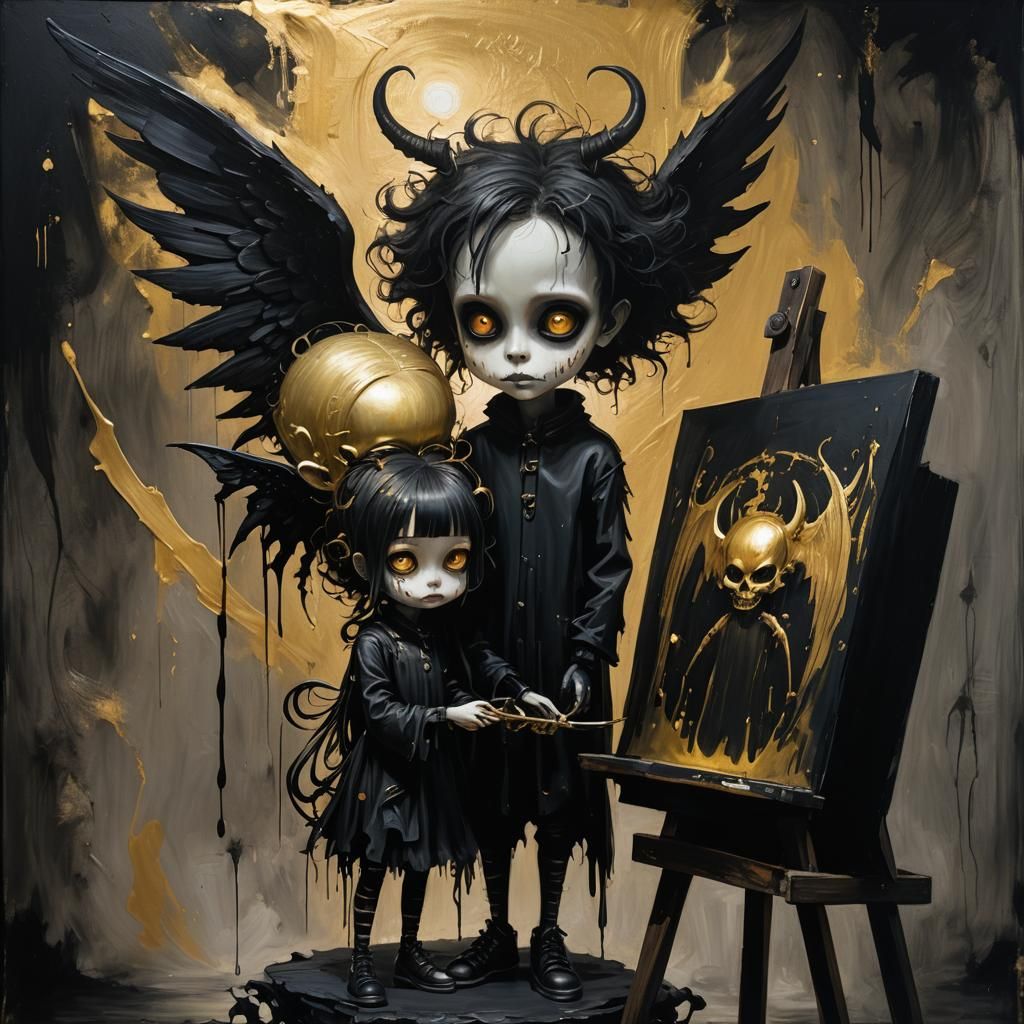 Tim Burton Style Angel and Demon Painting