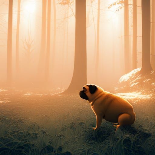 Orange Pug in Forest: Digital Matte Painting