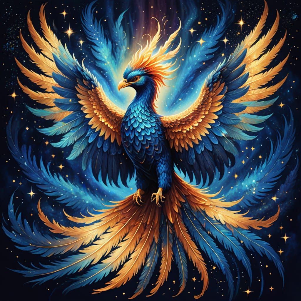 Mystical Phoenix Spreads Wings in Celestial Oil Painting