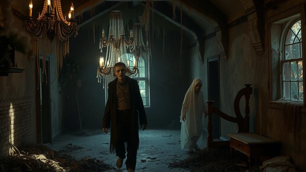 Frankenstein's Monster and Ghosts in Haunted House