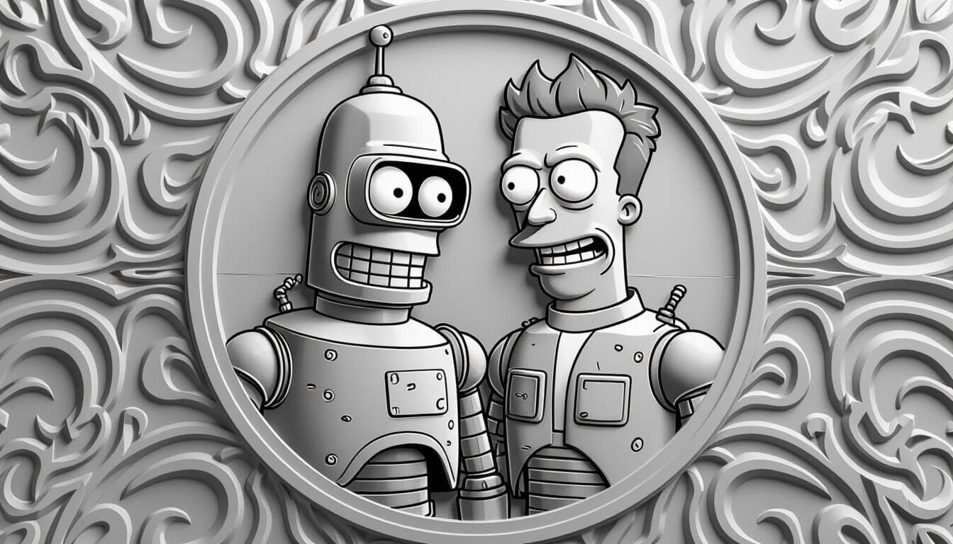 Greyscale Depth Map of Medallion with Bender and Fry