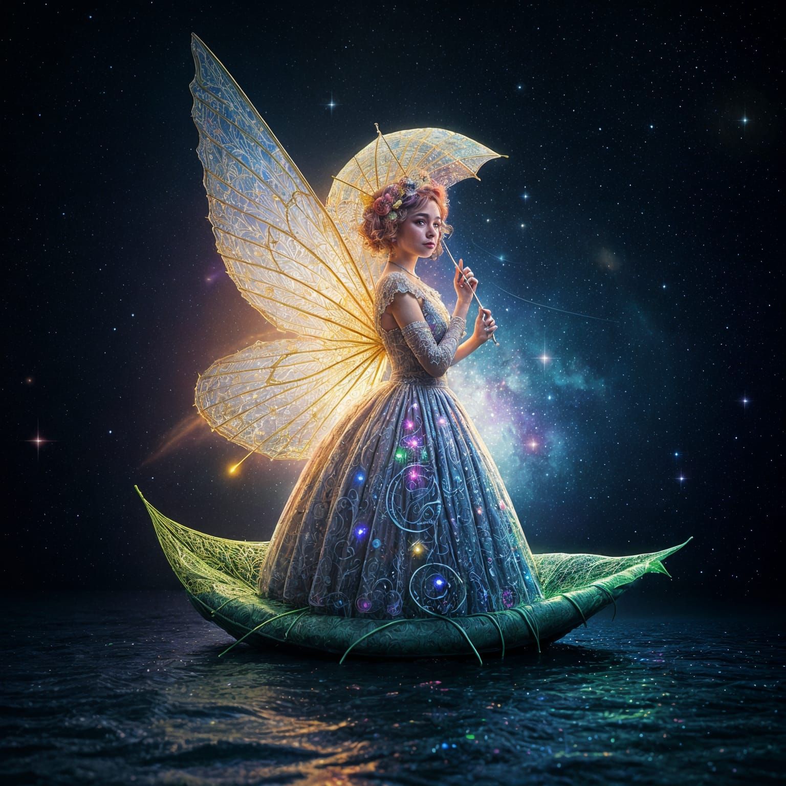 Fairy Sailing on Leaf in Pop Surrealist Style