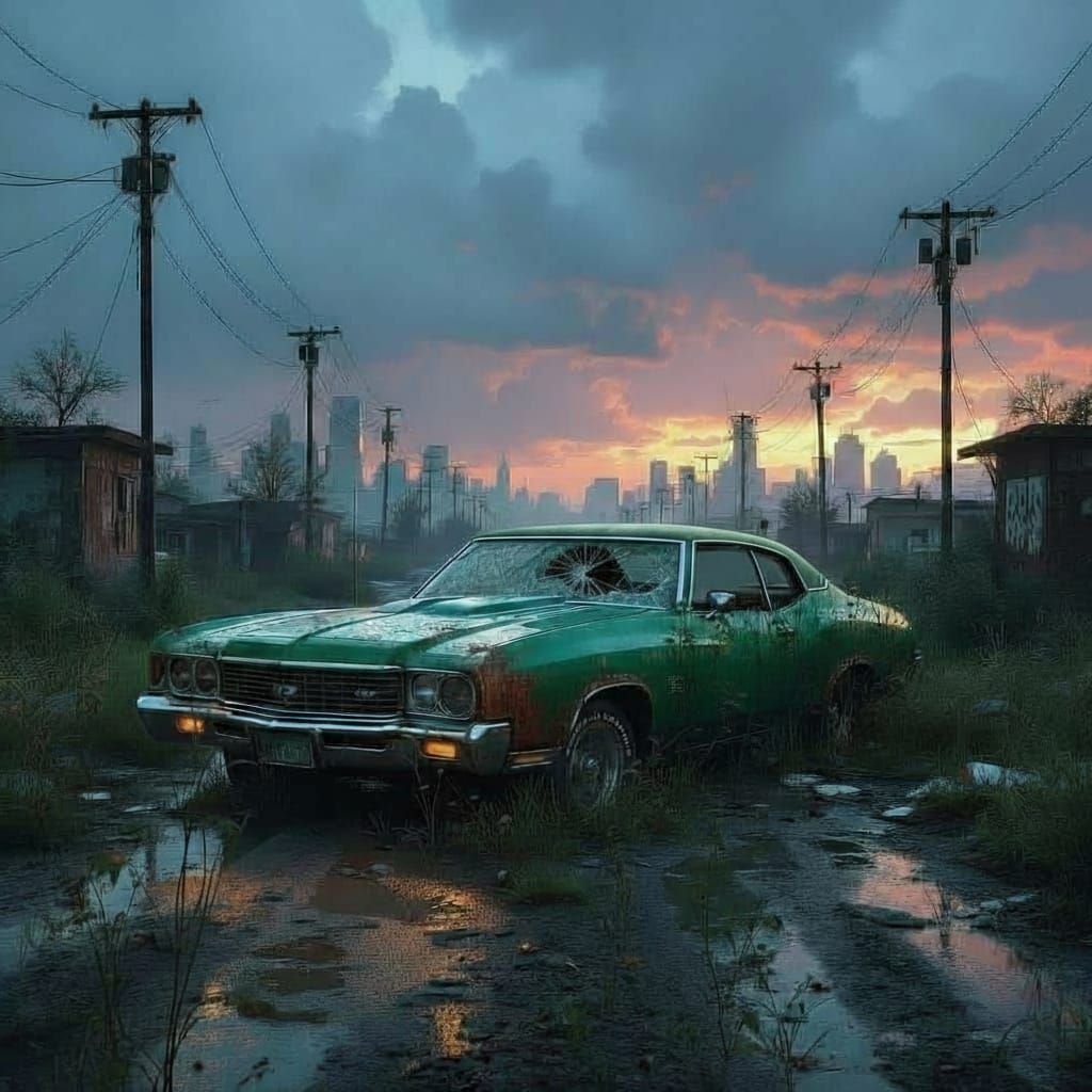 Dystopian Cityscape with Abandoned 1970 Chevy Monte Carlo