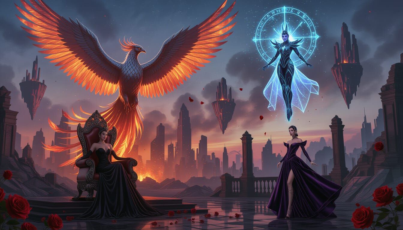 Epic Chrome Phoenix Rises Over Molten City Ruins