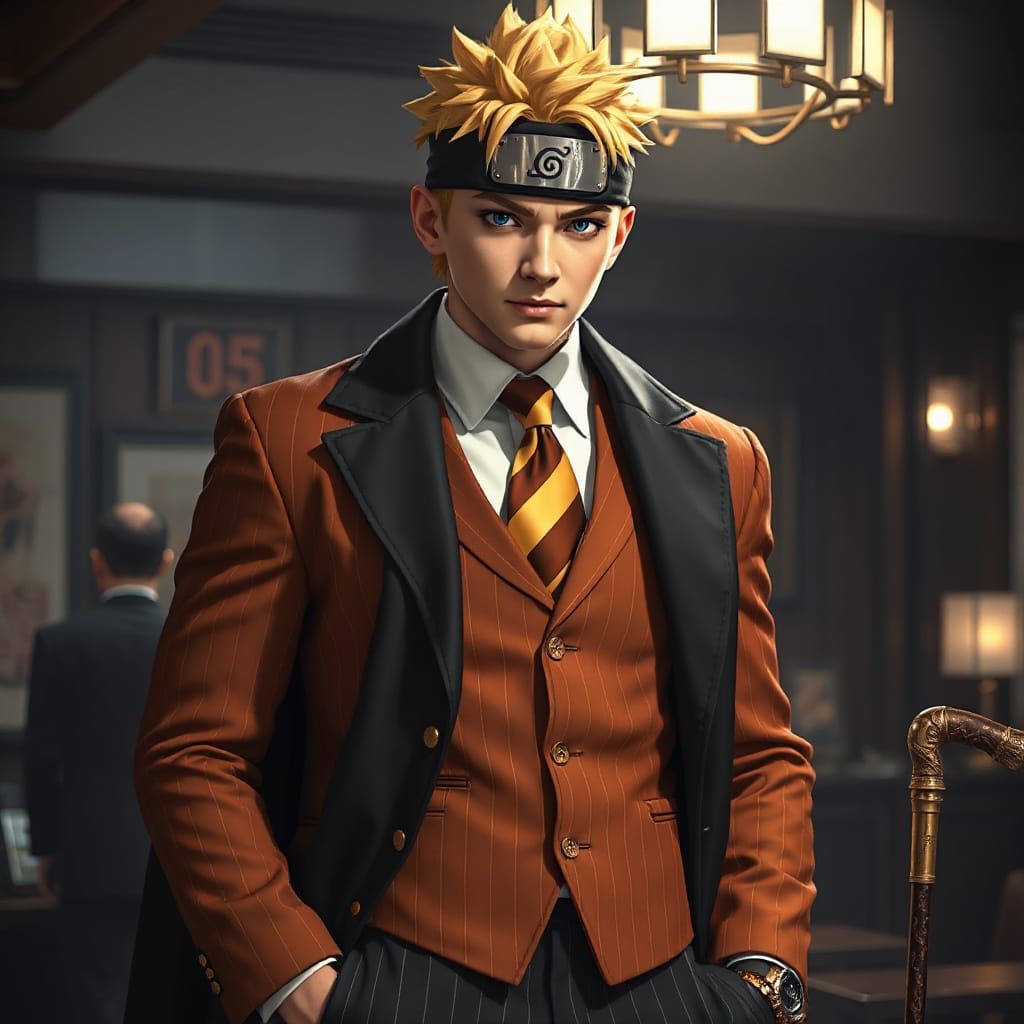 Modern Mafia Boss Naruto in Luxurious Suit and Katana Cane