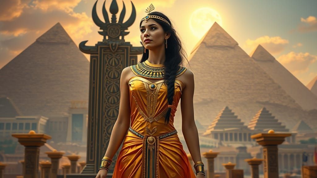 Regal Egyptian Goddess Before Majestic Pyramids