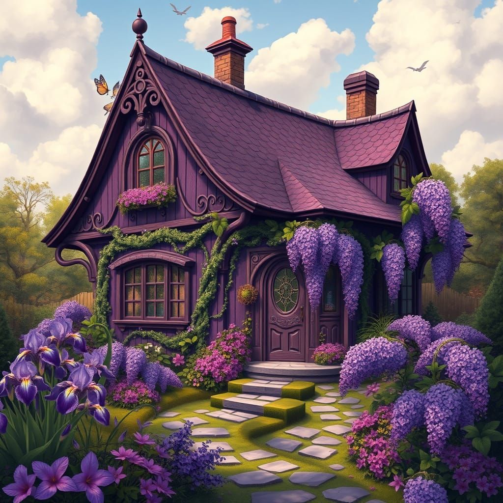 Ethereal Victorian Cottage Amidst Vibrant Purple Blooms