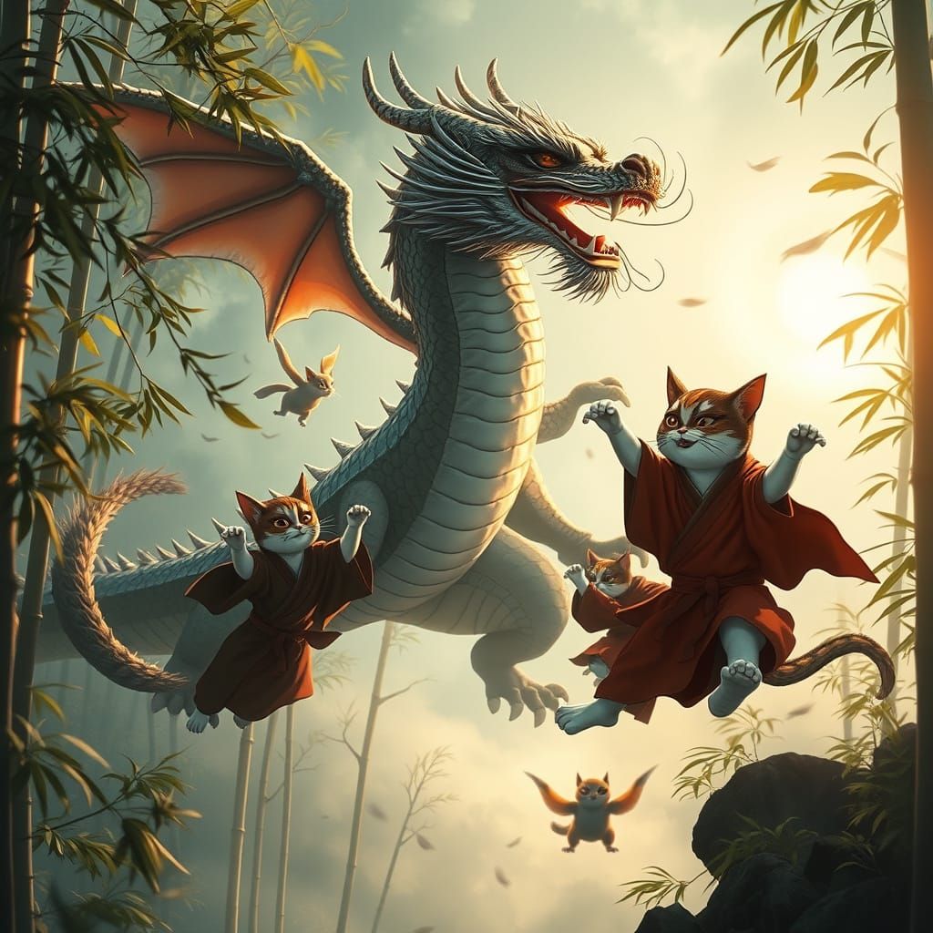 Majestic Dragon Performs Kung Fu Amidst Ancient Bamboo Fores...