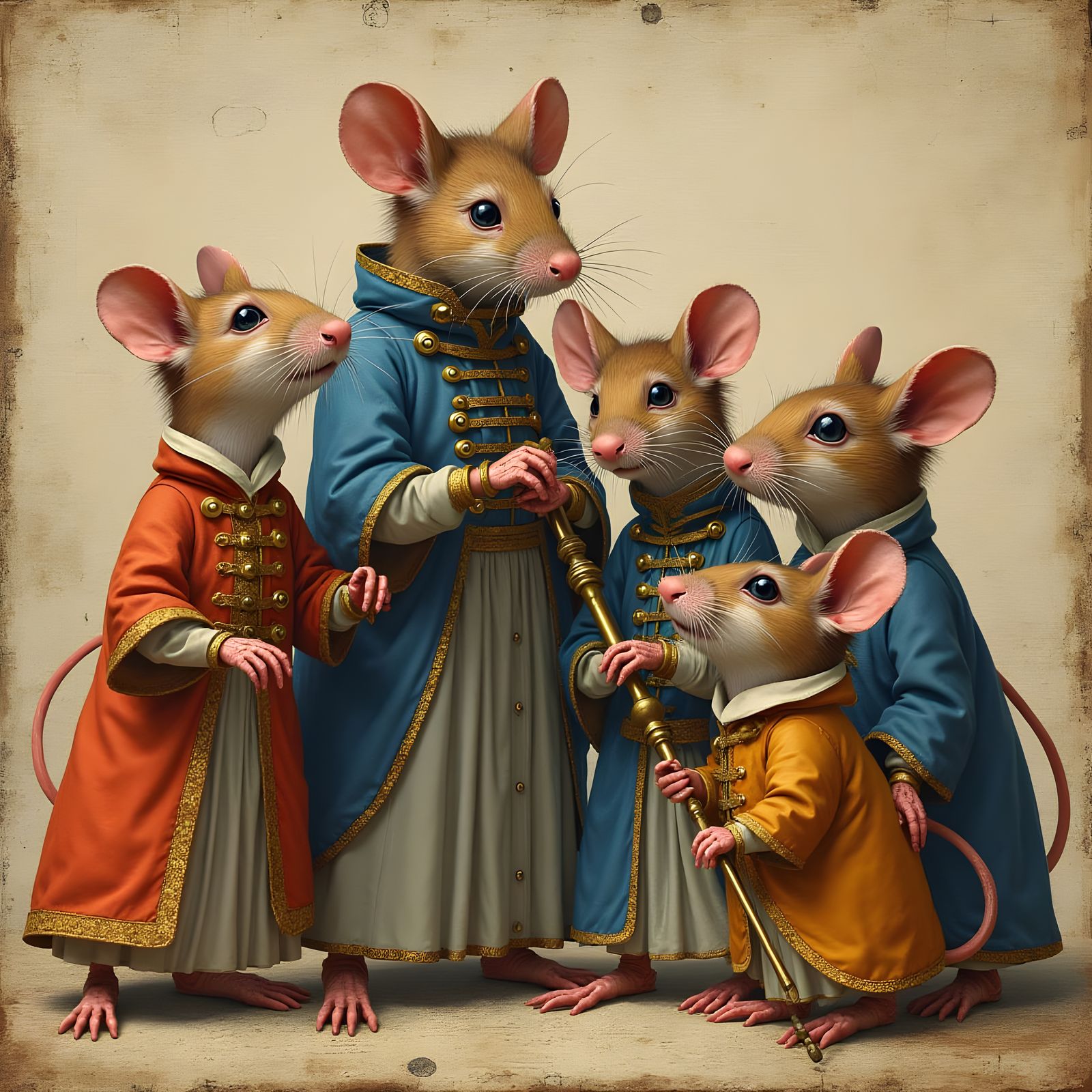 Mice Bishops Gather Around Bayeux Tapestry Robot