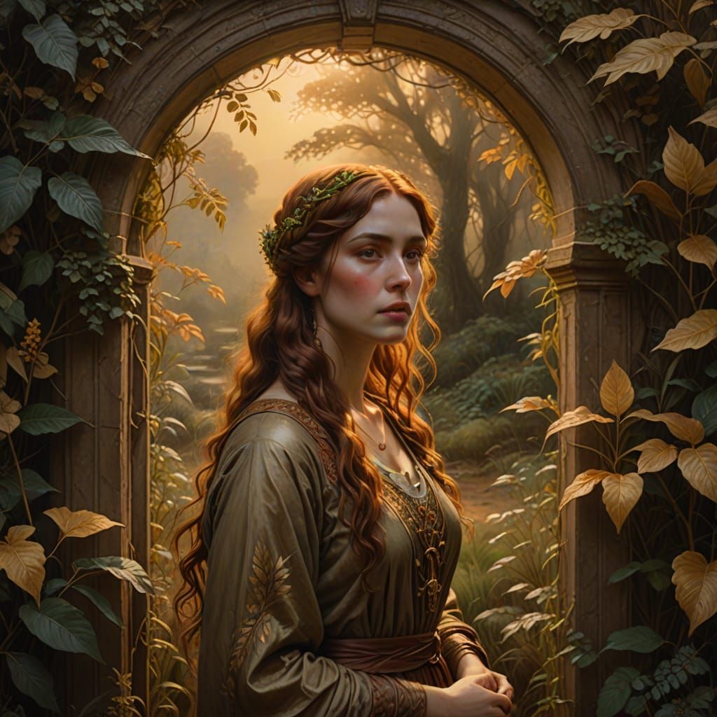 Woman Before Ethereal Portal in Golden Autumn Light