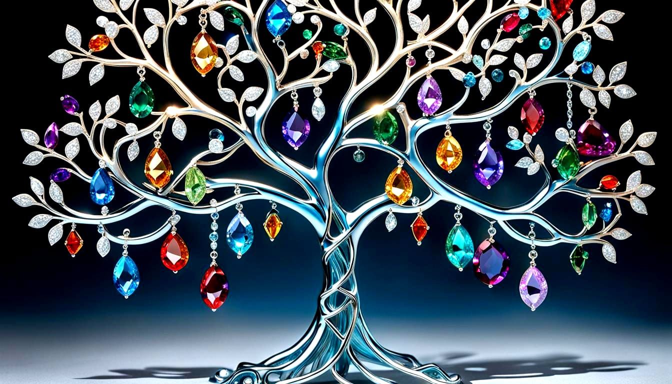 Metallic Gemstone Family Tree with Dangling Portraits