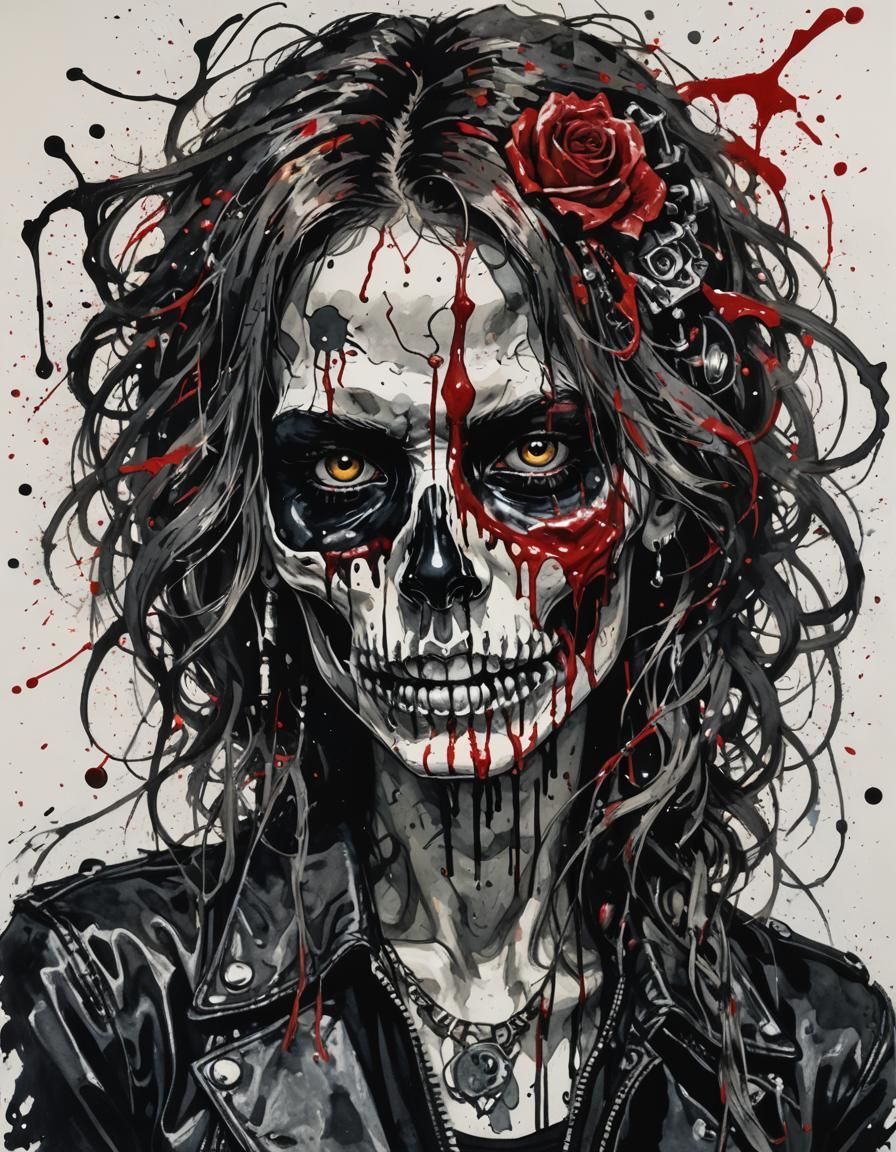 Skull-Faced Rockstar in Nakatani Suisenpo Ink Style